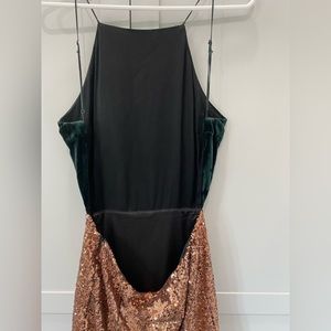 Formal dress: 
Dark-olive green velvet top, gold sequin bottom. Backless